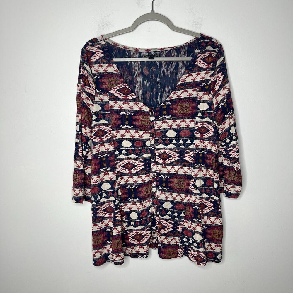 Lucky Brand Boho Tunic Top Womens Large Southwest Print Button Front 3/4 Sleeve